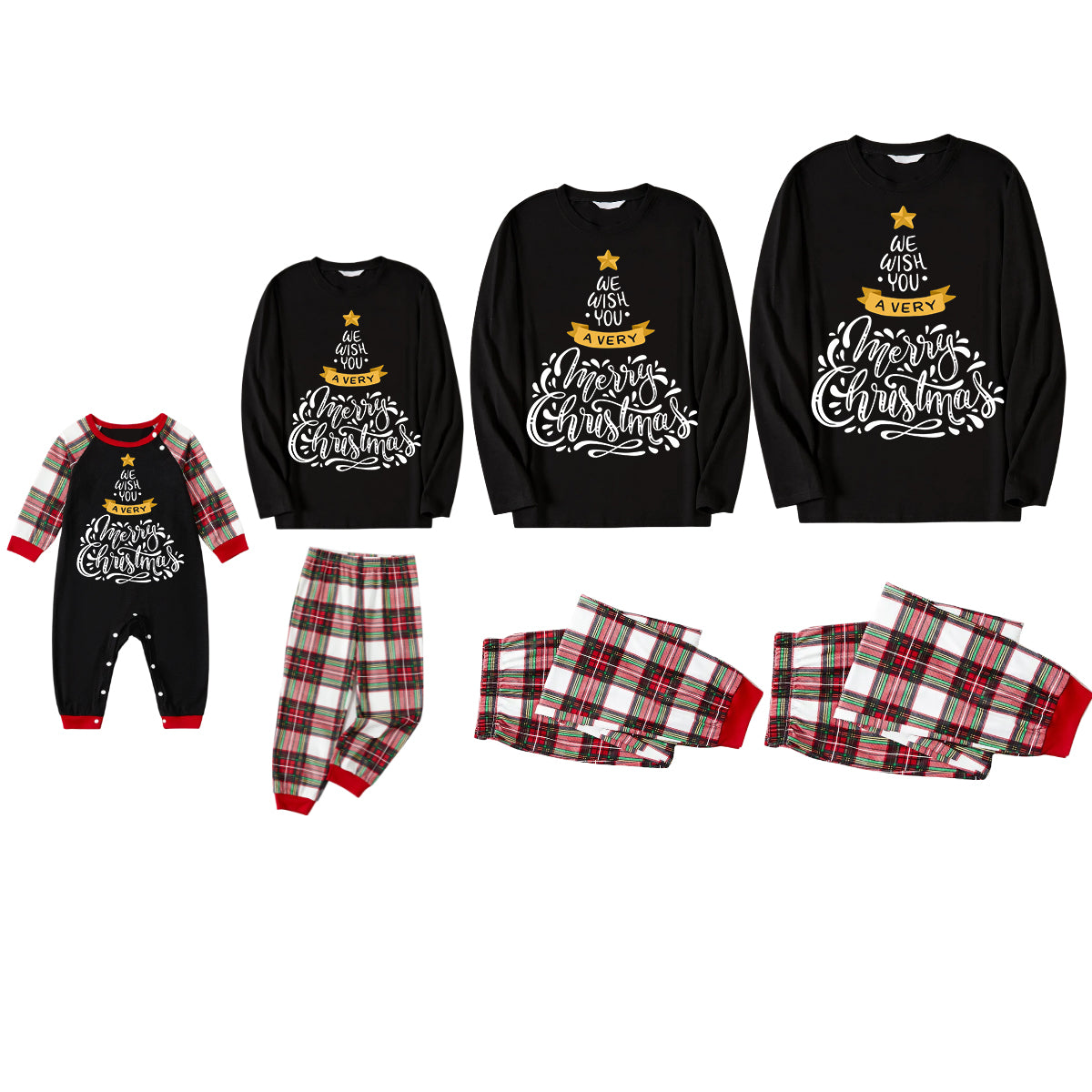 2024 Christmas Tree Pattern "We Wish You" Black Long Sleeve with Comfortable Red and Green Plaid Pants  Family Matching Pajamas