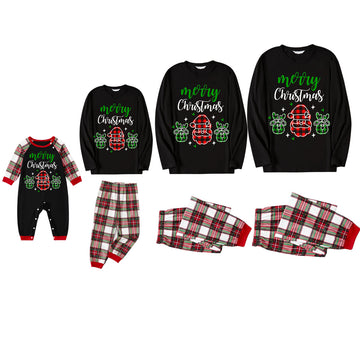 Santa Moose Cute Cartoon Pattern "Merry Christmas" Letter Prints Black Long Sleeves Top with Green& Yellow& Red plaid pants Family Matching Pajamas