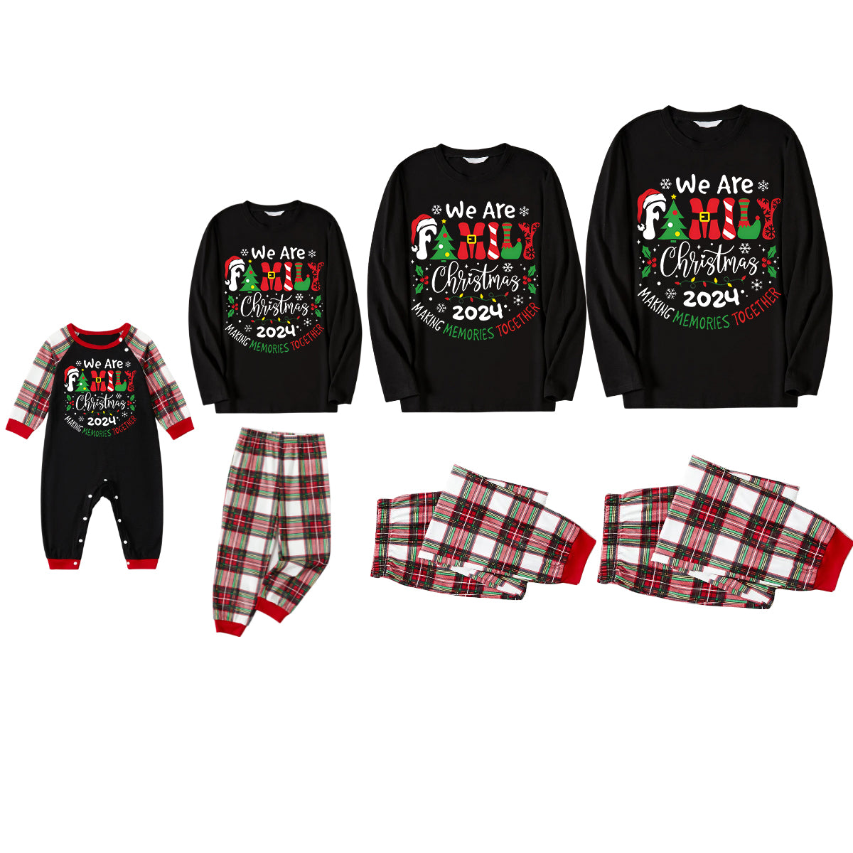 "We are Family" 2024 Christmas Wreath - Black Top with Red & White & Green Plaid Pants Family Matching Pajamas