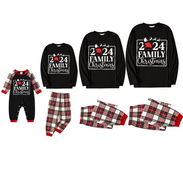 "Family Christmas 2024" Text and Reindeer Printed Red and White Plaid Family Matching Pajamas