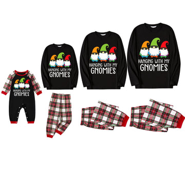 Three Santas "HANGING WITH MY GNOMIES" Monogram Print Black Long Sleeves Top with Red Green and Yellow Plaid Pants Family Matching Pajamas