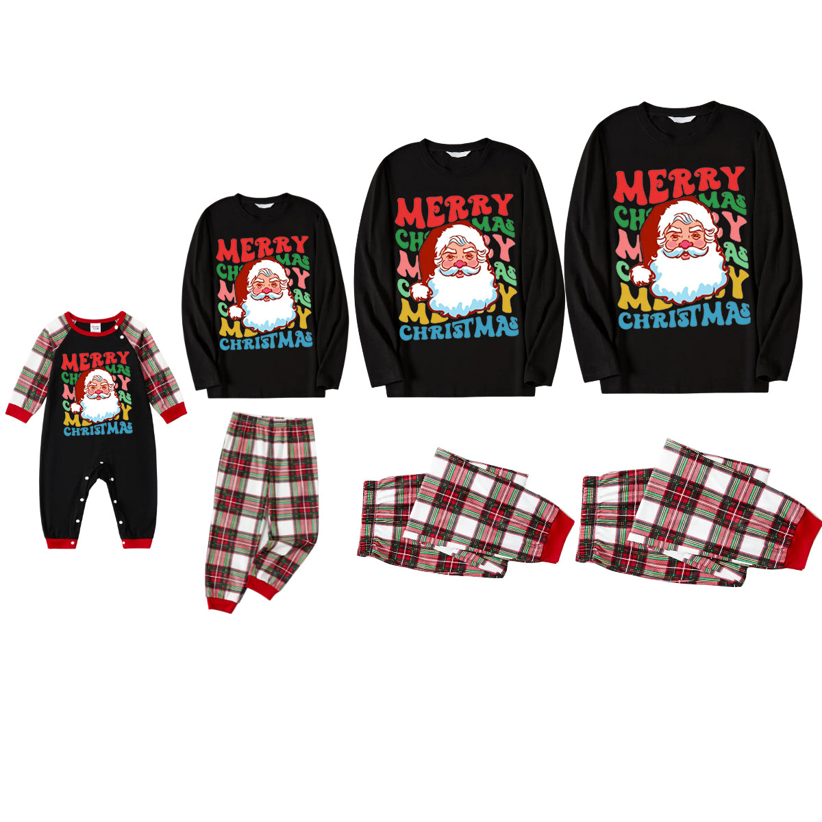 Colorful "Merry Christmas" and Santa Claus Print Black Top with Red & White & Green Plaid Pants Family Matching Pajamas