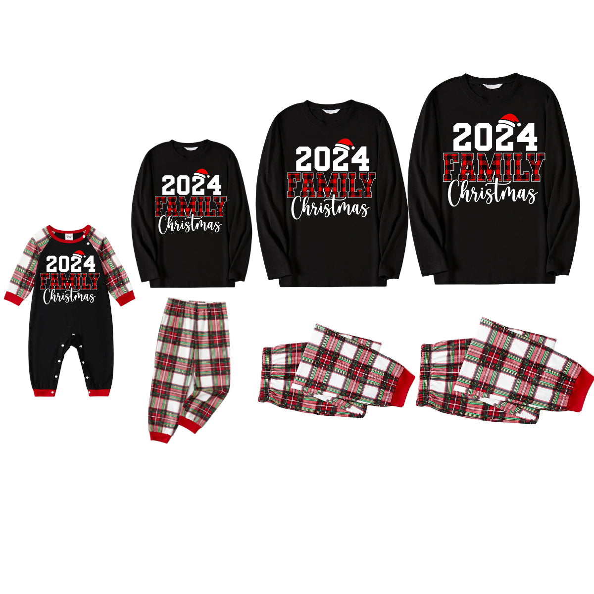 "Family Christmas 2024" Text Printed Red and White Plaid Family Matching Pajamas