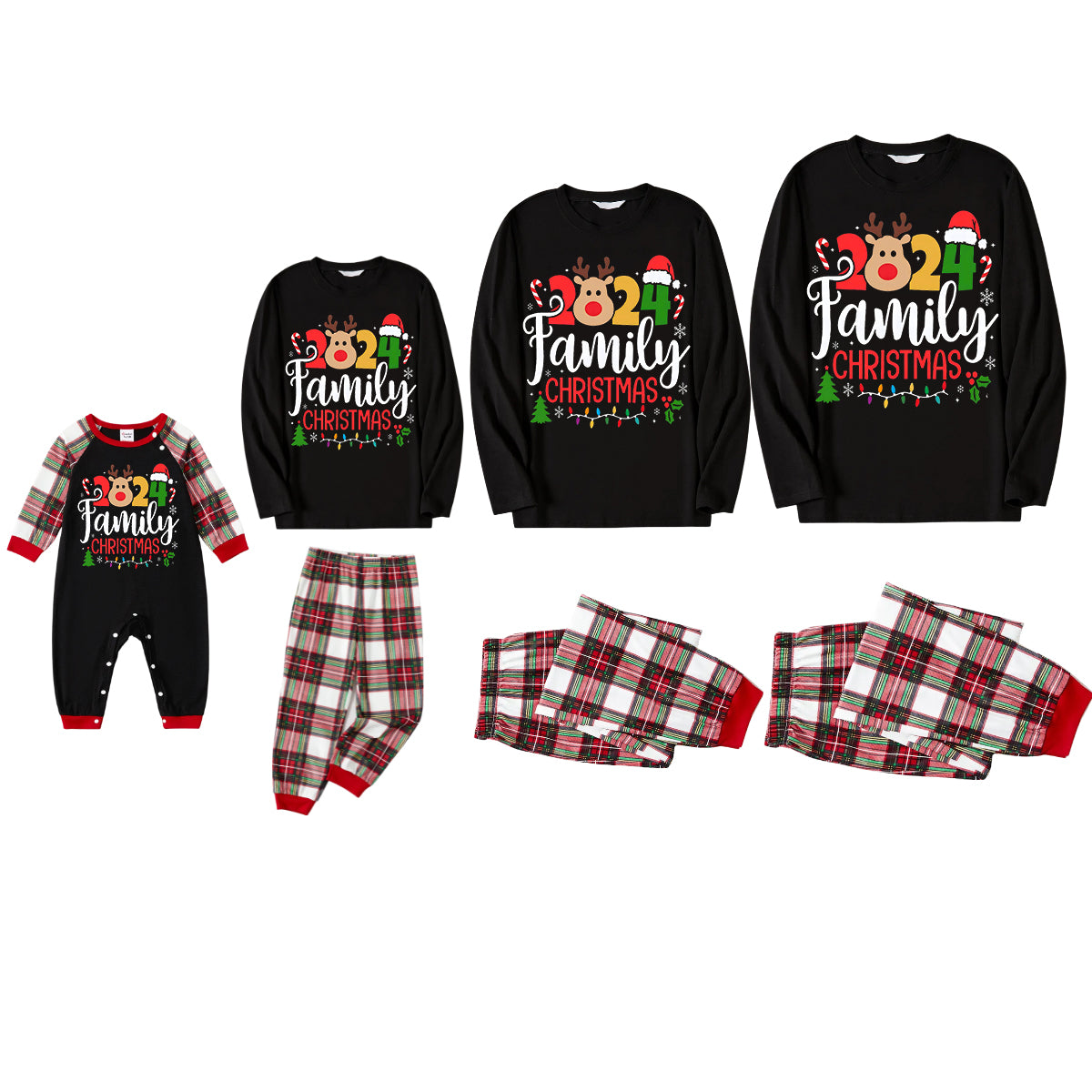 "Family Christmas 2024" Text and Deer Printed Red and White Plaid Family Matching Pajamas