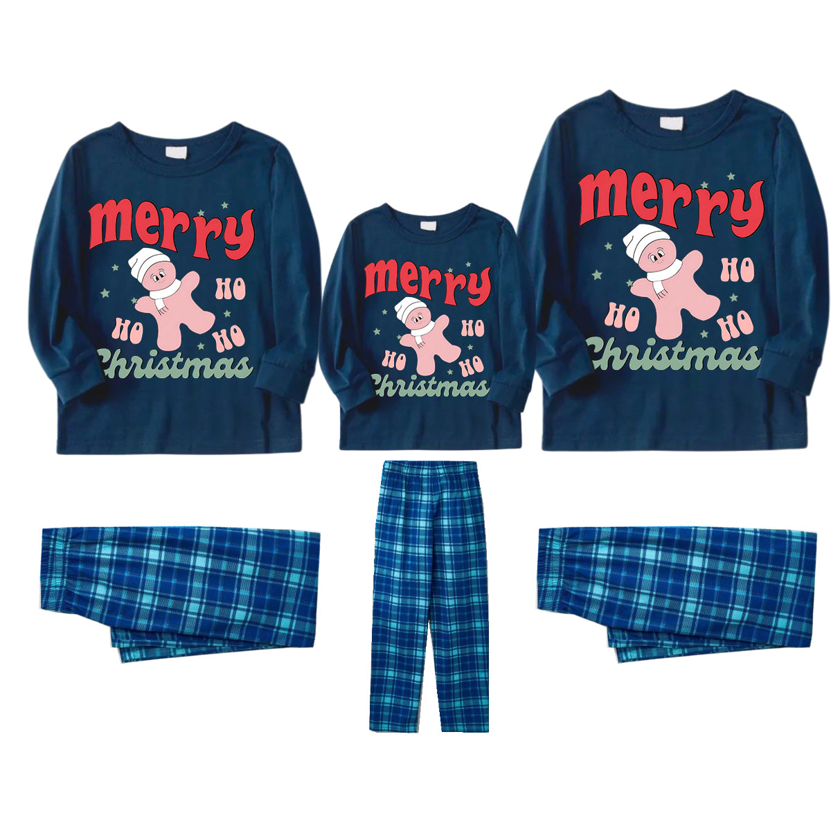 Merry Christmas Cute Cartoon Prints 2024 Navy Blue Long Sleeves with Blue&Green Plaid Pants Family Matching Pajamas