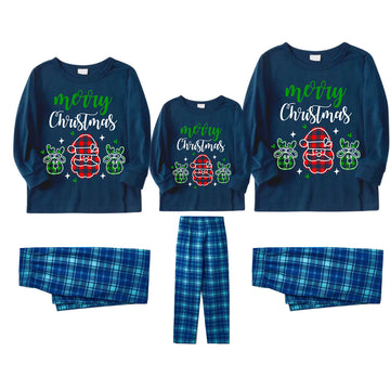 Santa Moose Cute Cartoon Pattern "Merry Christmas" Letter Prints Black Long Sleeves Top with Blue and Green Plaid Pants Family Matching Pajamas