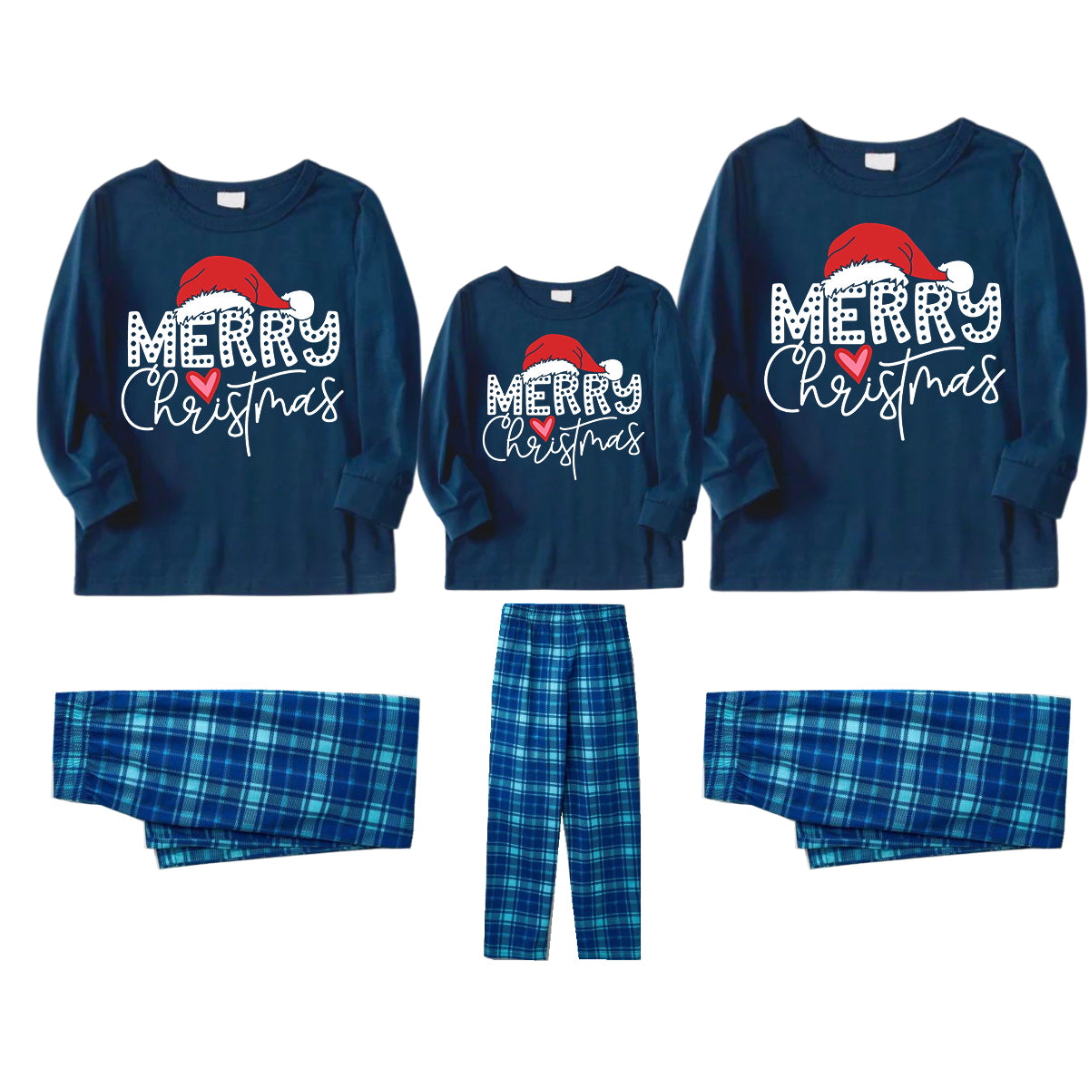 Red Santa Hat "Merry Christmas" Letter Print Blue Long Sleeves Top with Blue and Green Plaid Pants Family Matching Pajamas