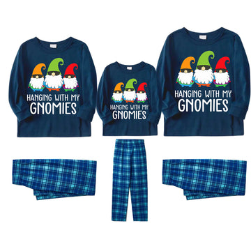 Three Santas "HANGING WITH MY GNOMIES" Monogram Print Blue Long Sleeves Top with Blue & Green Plaid Pants Family Matching Pajamas