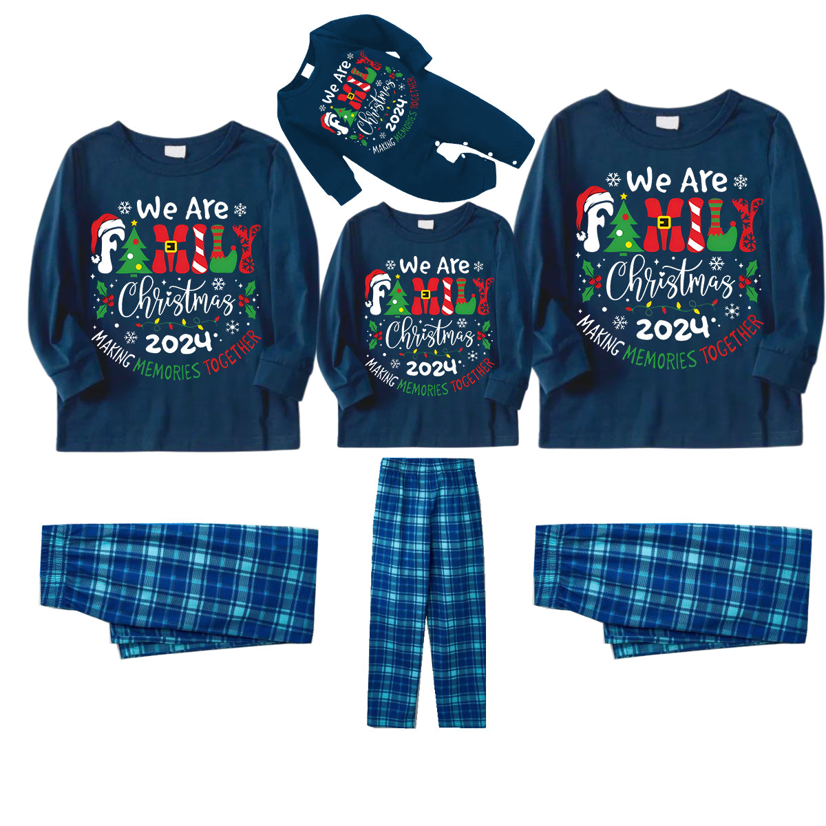 "We are Family" 2024 Christmas Wreath - Blue Long Sleeve Top With Blue Plaid Family Matching Pajamas