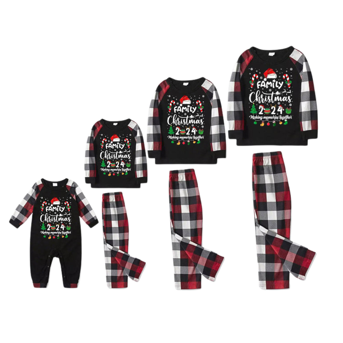 "FAMILY CHRISTMAS 2024 Making Memories Together" with Various Christmas Decorations - Red&Black&White Plaid  Matching Pajamas