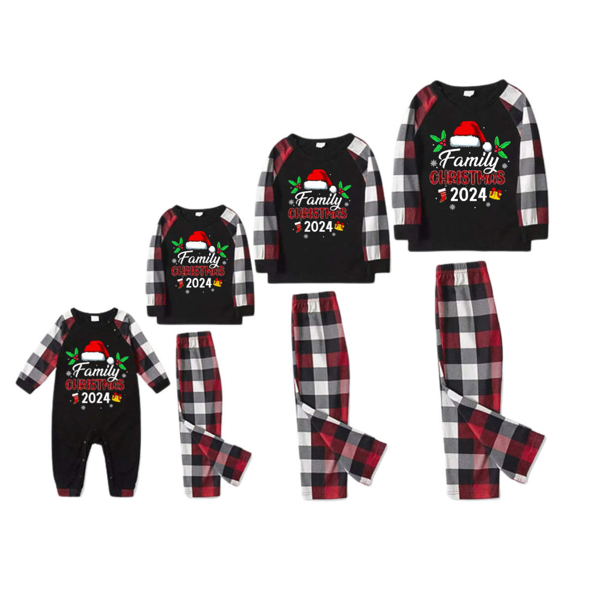 "Family Christmas 2024" with Santa Hat Pattern Ⅰ- Red&Black&White Plaid  Matching Pajamas