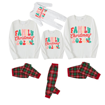 "Family Christmas 2024" Colorful Letter Pattern White Long Sleeve with White&Red&Green Plaid Pants Family Matching Pajamas