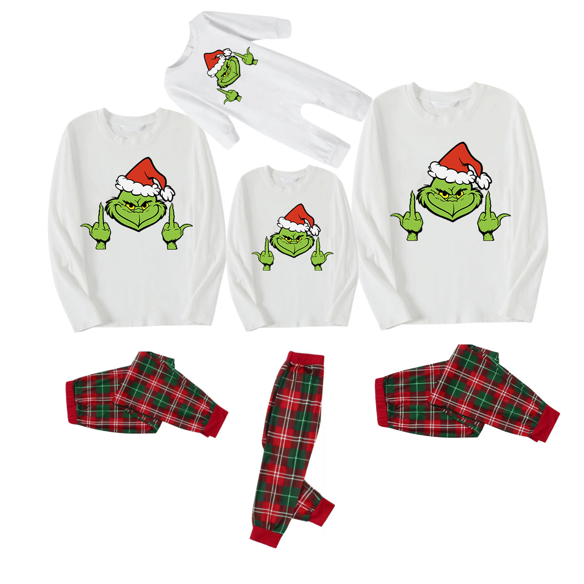 Christmas Green Cartoon Character With Santa Hat Pattern Print White Long-sleeved Top Red&Green Plaid Pants Family Matching Pajamas