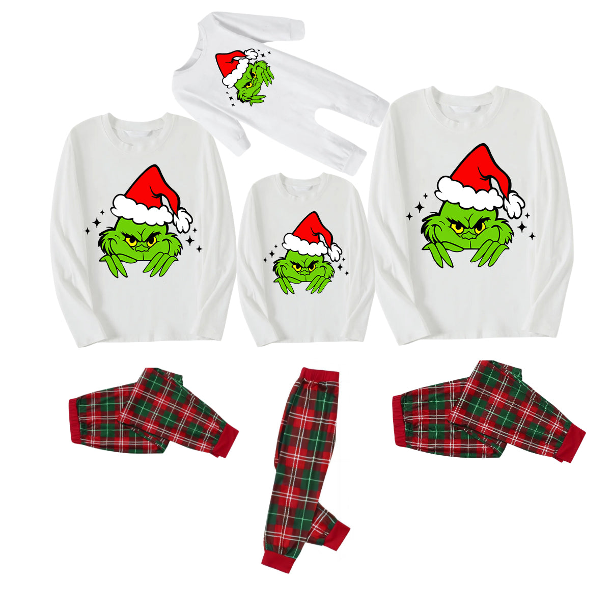 Christmas Cute Green Cartoon Pattern 2024 White Long Sleeve with White&Red&Green Plaid Pants Family Matching Pajamas