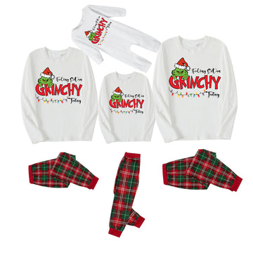 Christmas Green Cartoon Pettern And Red Letter Pattern Print White Top And Red & Green Plaid Pants Family Matching Pajamas