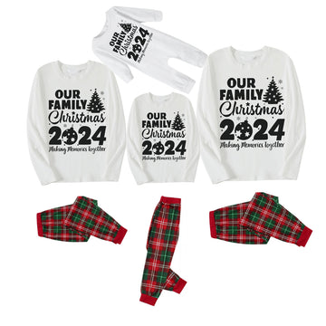 'Our Family Chirstmas 2024 Making Memories Together' Letter Print (Black) White Long Sleeve with White&Red&Green Plaid Pants Family Matching Pajamas