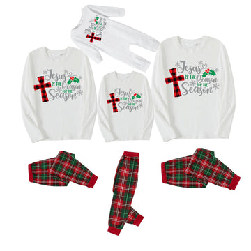 Christmas "Jesus is the Reason of the Season" Letter Print Patterned White Long Sleeve with White&Red&Green Plaid Pants Family Matching Pajamas