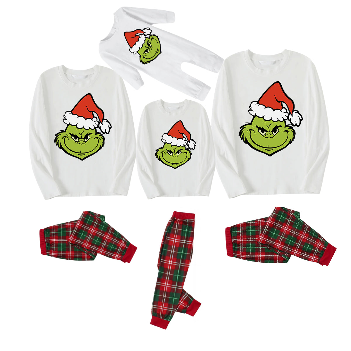 2024 Smile Green Elf Cartoon Pattern Contrast White Long Sleeve with Classic Red and Green Plaid Pants Family Matching Pajamas