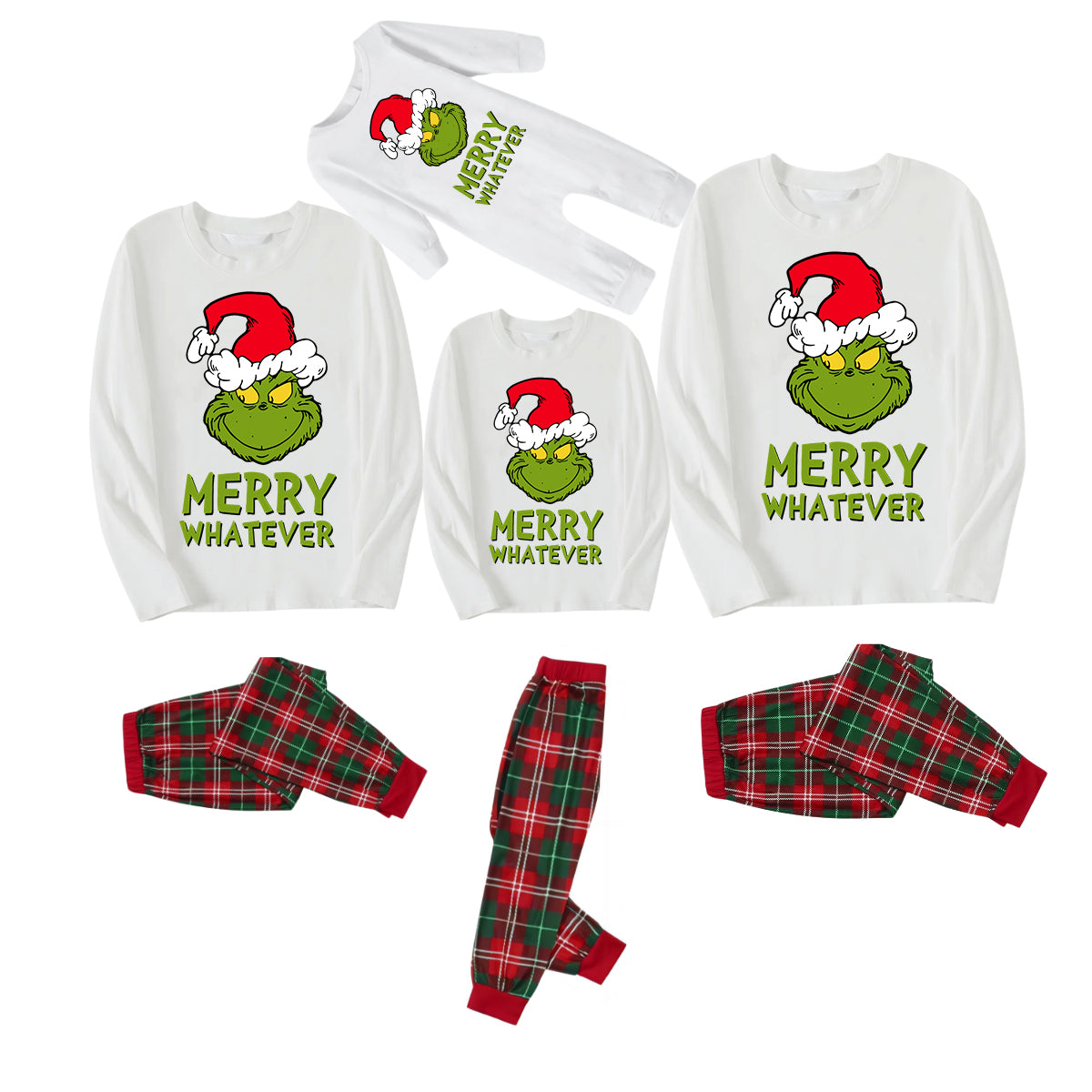 Wear Santa Hat Green Elf Cartoon Pattern "Merry Christmas" Lettering Prints Contrast White Long Sleeve with Red and Green Plaid Pants Family Matching Pajamas