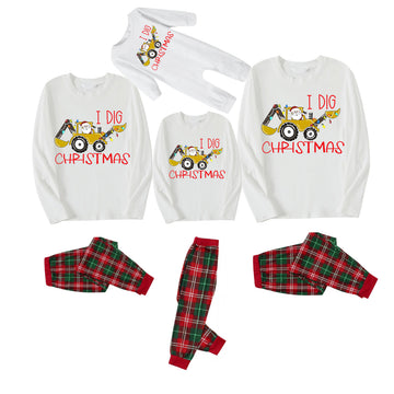 "I Dig Christmas" Cartoon Excavator Pattern White Long Sleeve with White&Red&Green Plaid Pants Family Matching Pajamas