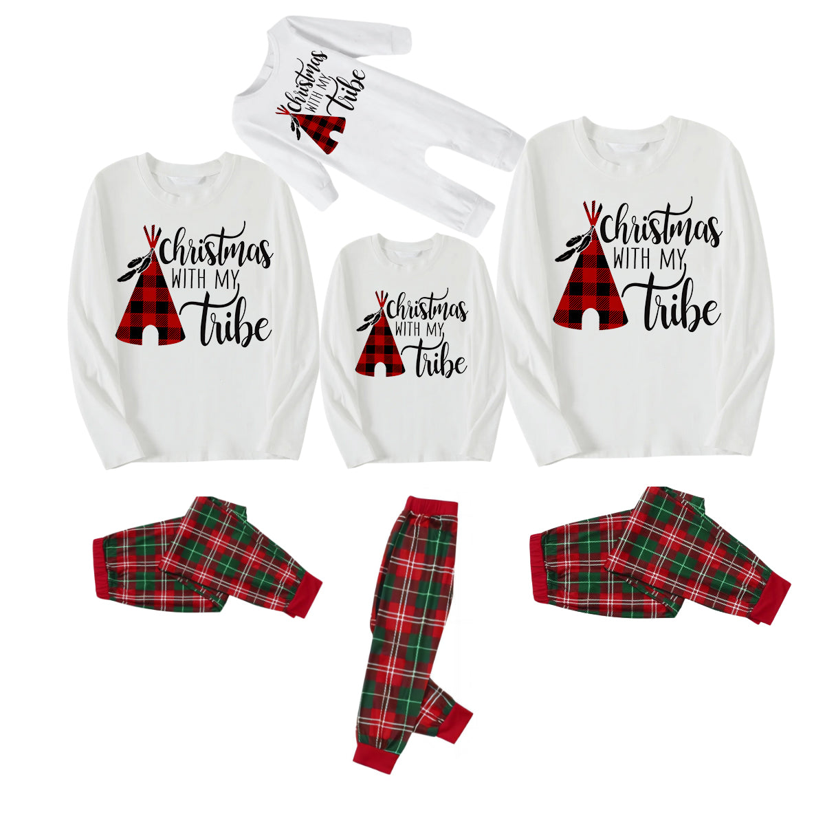 "Christmas With My Tribe"  Pattern White Long Sleeve with White&Red&Green Plaid Pants Family Matching Pajamas