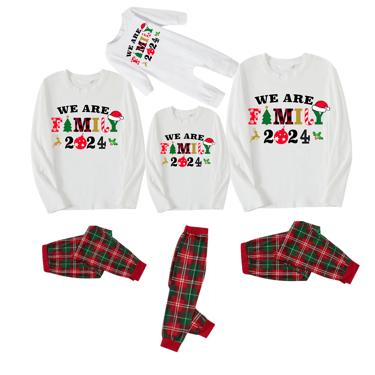 2024 "We Are Family" Colorful Monogram Prints Contrast White Long Sleeve with Green&Red Plaid Pants Family Matching Pajamas