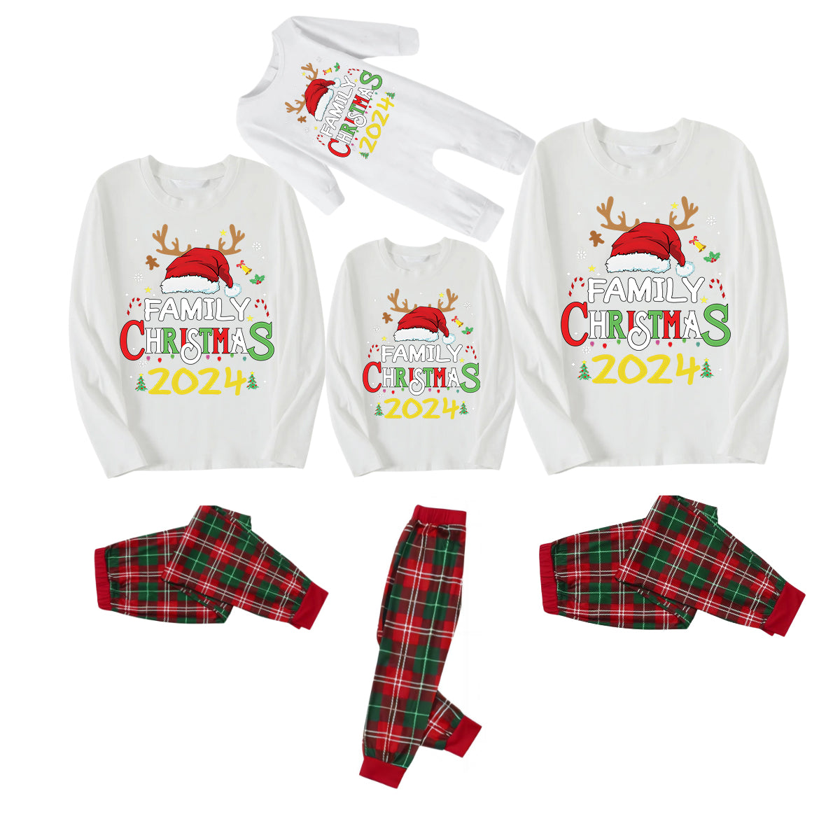 Red Santa Hat "2024 Family Christmas" Monogram Print Contrast White Long Sleeve with Vintage Red&Green Plaid Pants Family Matching Pajamas