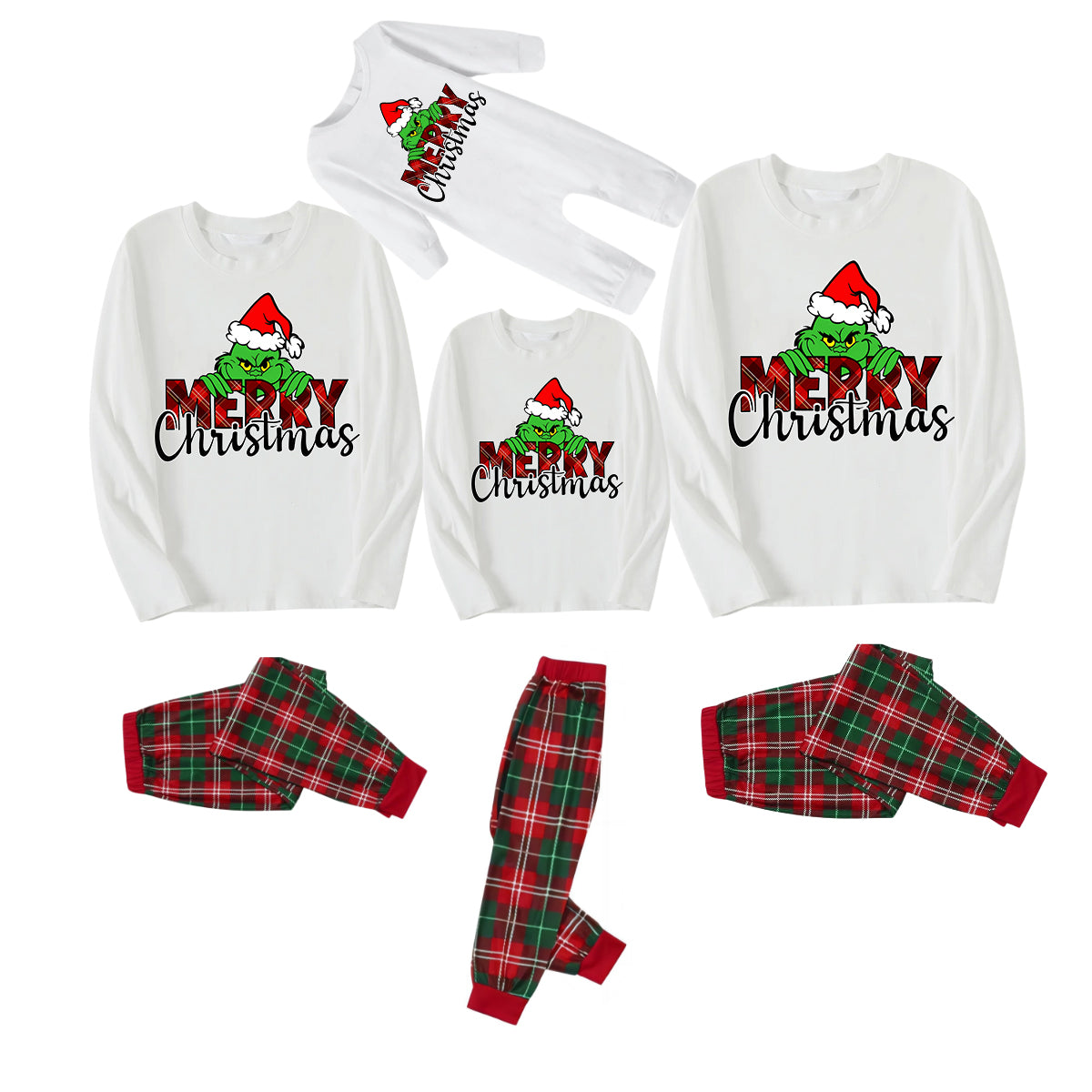 "Merry Christmas" Letter Print 2024 Green Elf Cartoon Pattern Contrast White Long Sleeve with Classic Red and Green Plaid Pants Family Matching Pajamas