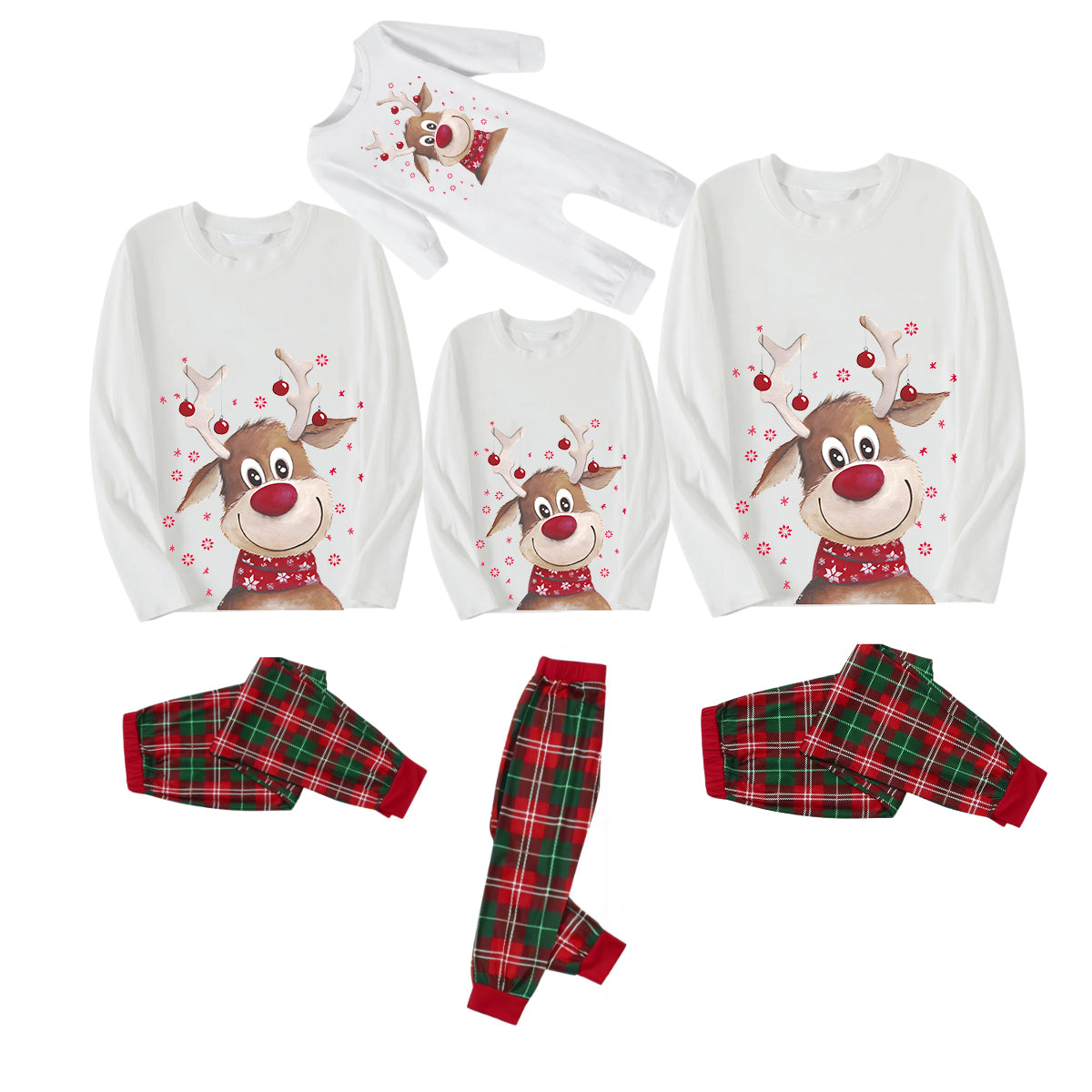 Brown Cute Christmas Elk Pattern 2024 White Long Sleeve with White&Red&Green Plaid Pants Family Matching Pajamas