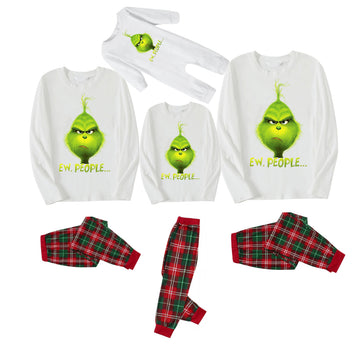 Christmas Cartoon Pattern and EW People Print White Long Sleeve with White&Red&Green Plaid Pants Family Matching Pajamas