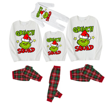 Cute Cartoon and Funny Christmas Slogan Print Contrast White Long Sleeve with Red and Green Plaid Pants Family Matching Pajamas