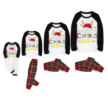 Red Santa Hat "2024 Family Christmas" Monogram Print Contrast Black and White Plunging Sleeve with Vintage Green&Red Plaid Pants Family Matching Pajamas