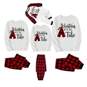 "Christmas With My Tribe"  Pattern White Long Sleeve with Black&Red Plaid Pants Family Matching Pajamas