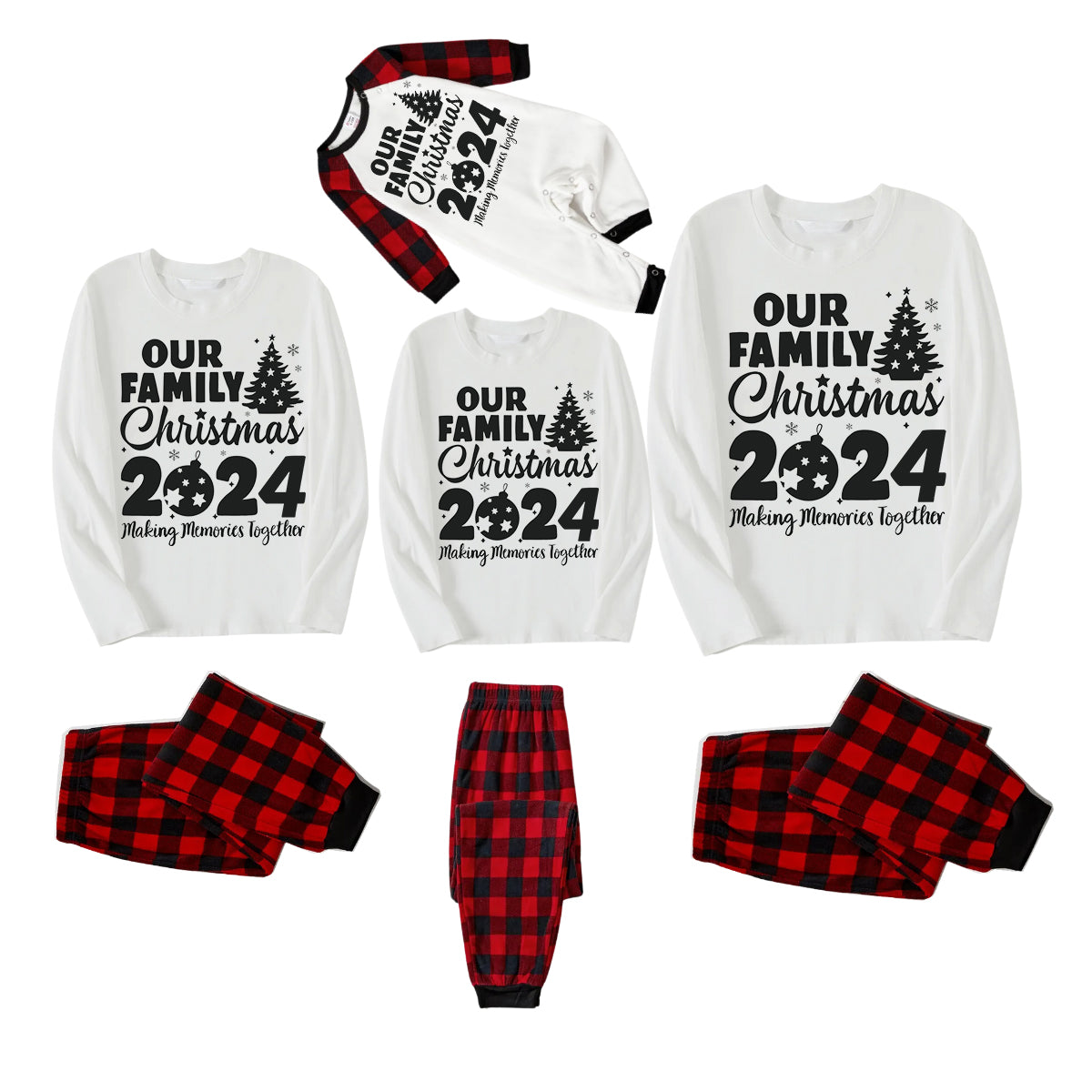 'Our Family Chirstmas 2024 Making Memories Together' Letter Print (Black) White Long Sleeve with Black&Red Plaid Pants Family Matching Pajamas