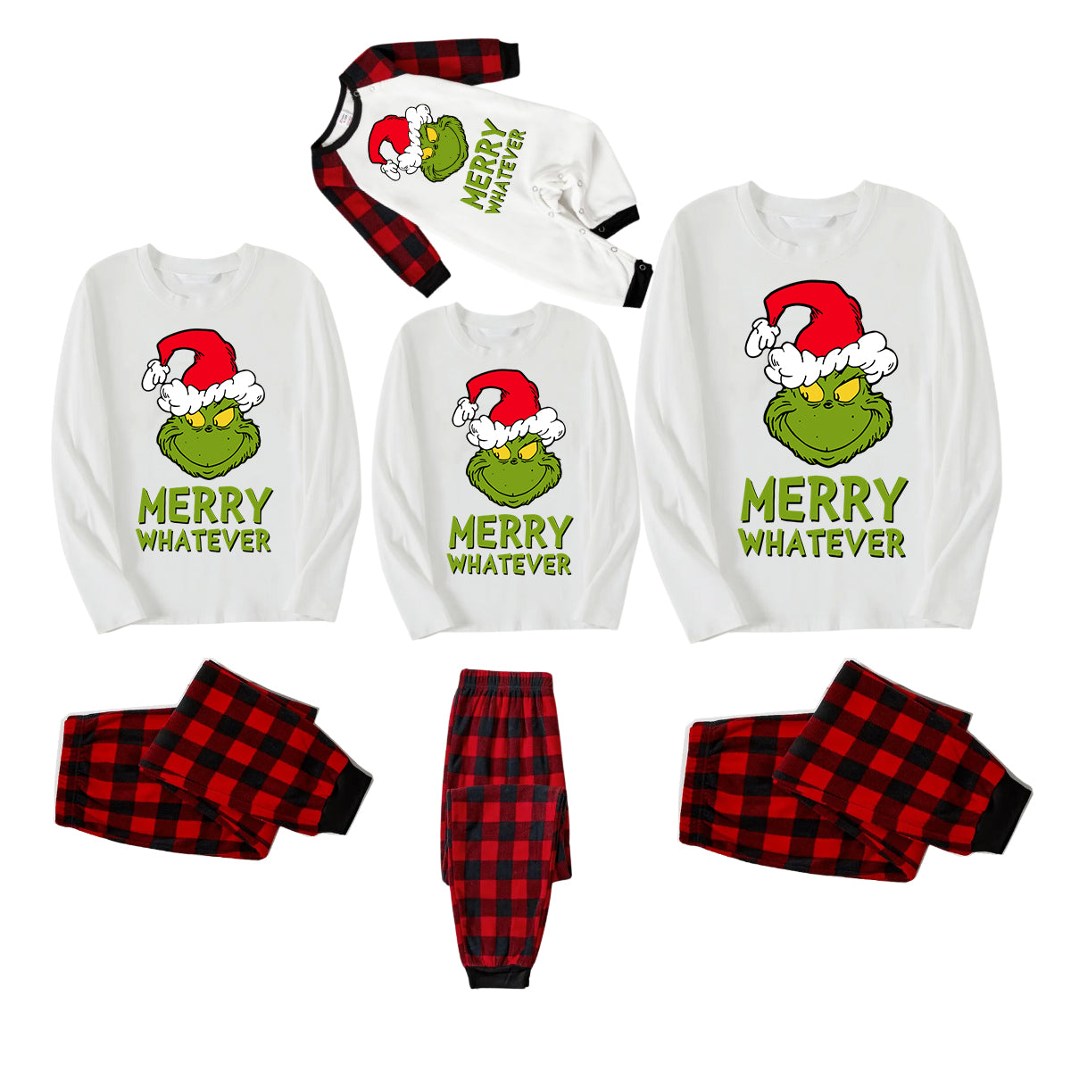 Wear Santa Hat Green Elf Cartoon Pattern "Merry Christmas" Lettering Prints Contrast White Long Sleeve with Red&Black Plaid Pants Family Matching Pajamas