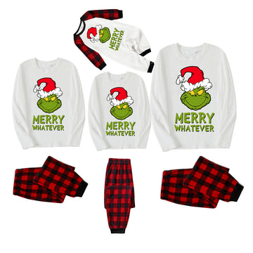 Wear Santa Hat Green Elf Cartoon Pattern "Merry Christmas" Lettering Prints Contrast White Long Sleeve with Red&Black Plaid Pants Family Matching Pajamas