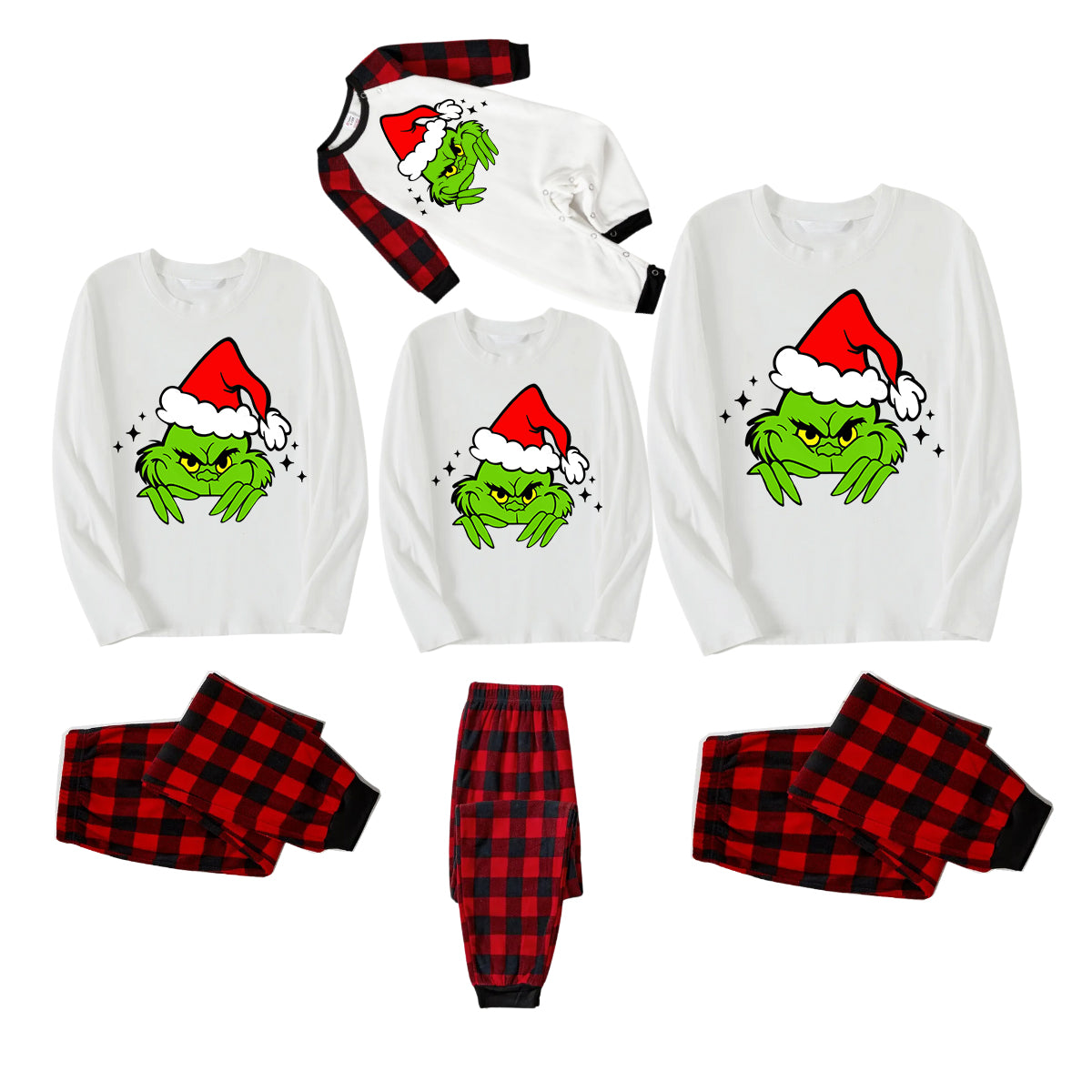 Christmas Cute Green Cartoon Pattern 2024 White Long Sleeve with Black&Red Plaid Pants Family Matching Pajamas