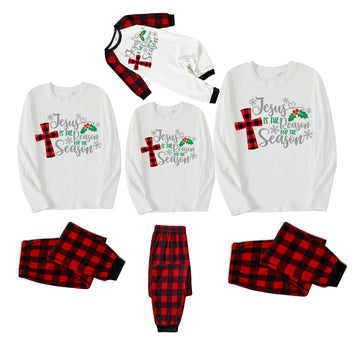 Christmas "Jesus is the Reason of the Season" Letter Print Patterned White Long Sleeve with Black&Red Plaid Pants Family Matching Pajamas