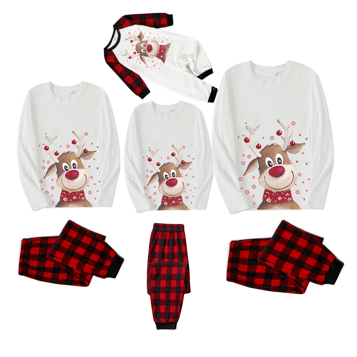 Brown Cute Christmas Elk Pattern 2024 White Long Sleeve with Black&Red Plaid Pants Family Matching Pajamas