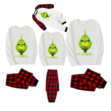 Christmas Cartoon Pattern and EW People Print White Long Sleeve with Black&Red Plaid Pants Family Matching Pajamas