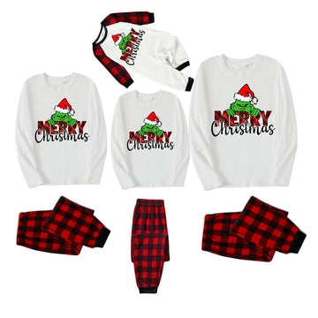 "Merry Christmas" Letter Print 2024 Green Elf Cartoon Pattern Contrast White Long Sleeve with Vintage Black and Red Plaid Pants Family Matching Pajamas