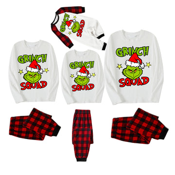 Cute Cartoon and Funny Christmas Slogan Print Contrast White Long Sleeve with Classic Red and Black Plaid Pants Family Matching Pajamas