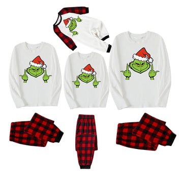 Christmas Green Cartoon Character With Santa Hat Pattern Print White Top And Red&Black Plaid Pants Family Matching Pajamas