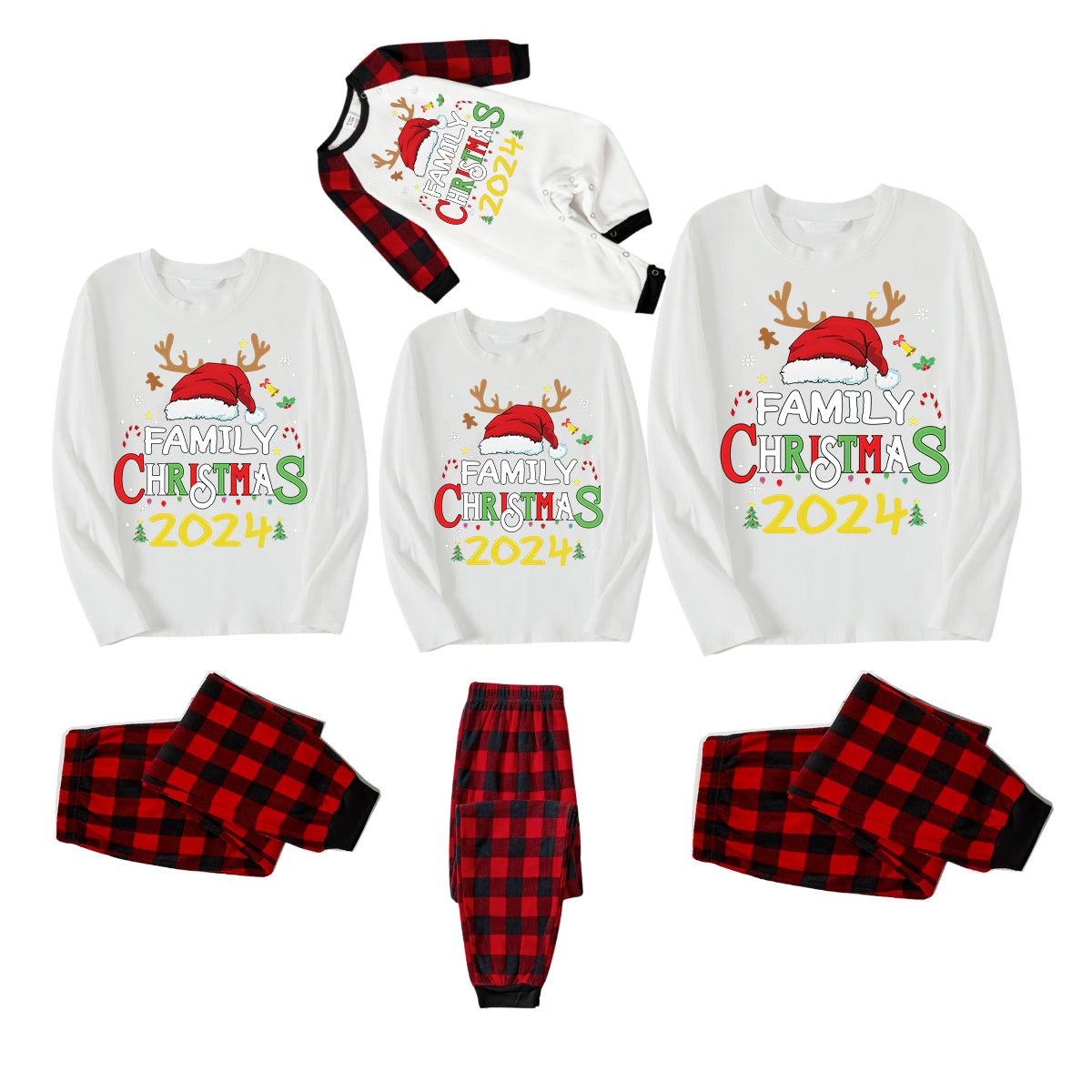 Red Santa Hat "2024 Family Christmas" Monogram Print Contrast White Long Sleeve with Classic Black and Red Plaid Pants Family Matching Pajamas