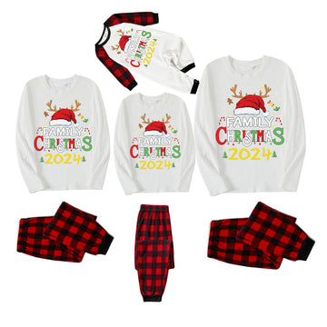 Red Santa Hat "2024 Family Christmas" Monogram Print Contrast White Long Sleeve with Classic Black and Red Plaid Pants Family Matching Pajamas