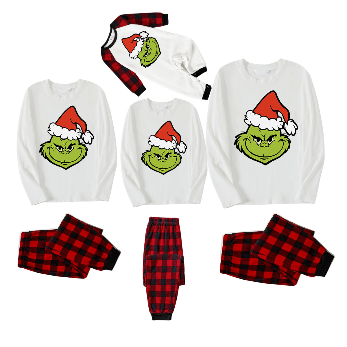 2024 Smile Green Elf Cartoon Pattern Contrast White Long Sleeve with Classic Red and Black Plaid Pants Family Matching Pajamas