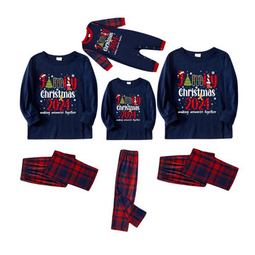 Snowflake and "Family Christmas 2024" Printed Red and Blue Plaid Christmas Matching Pajamas