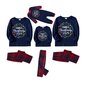 Christmas Light and "Family Christmas 2024" Printed Red and Blue Plaid Christmas Matching Pajamas