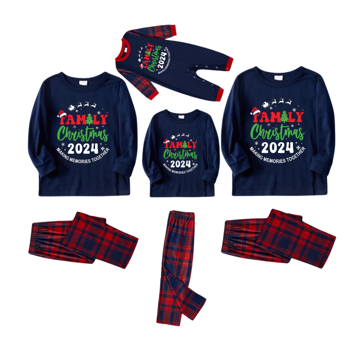 "Family Christmas 2024" Printed Red and Blue Plaid Christmas Matching Pajamas