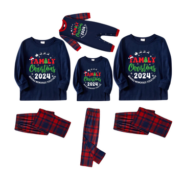 "Family Christmas 2024" Printed Red and Blue Plaid Christmas Matching Pajamas